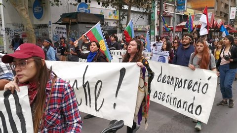Santiago de Chile
Chile
26/10/2019
Mapuche ethnic people. The enemies of Chilean government People protesters portraits at Santiago, Chile, streets during the latest october riots in the city center