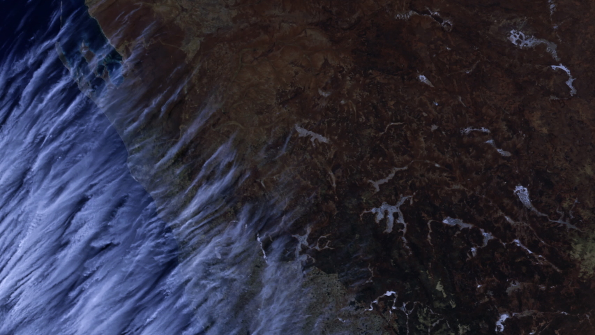 Storm clouds over coastline, satellite view of Australian coast and Perth, sunrise animation. Contains public domain image by Nasa