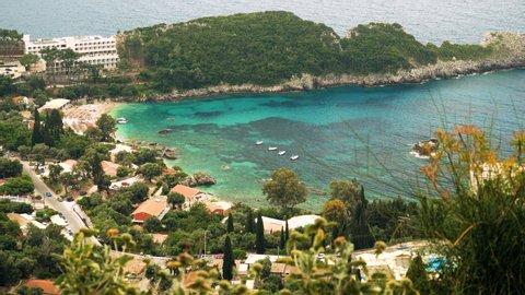 Seashore of the Mediterranean sea. Rocky headland of Corfu. Landscape of Ionian sea in Greece. 4K
