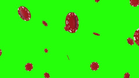 3d Rain of red casino poker chips falling on green screen or chroma key background. Close up view. Betting game concept. 4k Animation. 