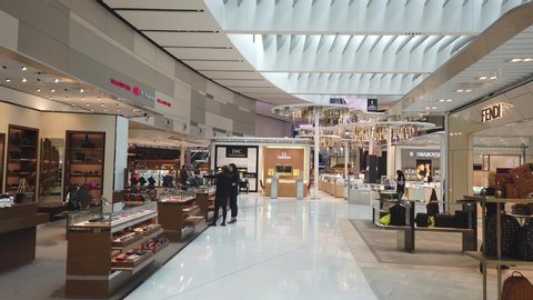 Sydney, NSW / Australia - Oct 17 2019: Duty free in Departure terminal of Sydney (Kingsford Smith) Airport with passengers retail outlets restaurant and shops. major airport serving Qantas.