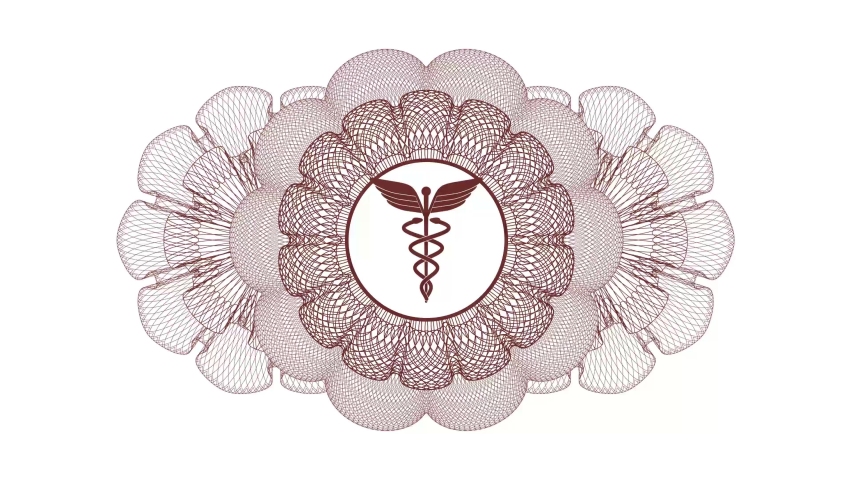 Caduceus medical icon inside Red rotary linear rosette, passport style, money draw, premium loop animation, guilloche