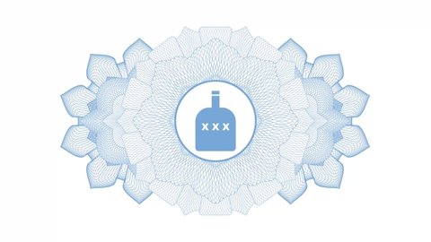 bottle of alcohol icon inside Light blue rotary rosette, passport desgin, money pattern, quality loop animation, guilloche