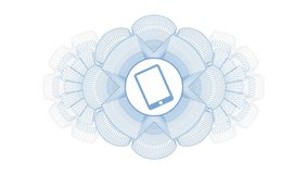 mobile phone icon inside Light blue rotary rosette, passport desgin, money draw, quality loop animation, guilloche