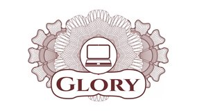 laptop icon with text Glory inside Red rotary linear rosette, passport trend, money stroke, top loop animation, guilloche