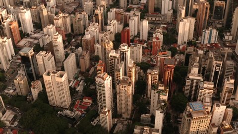A captivating aerial view tracking above the buildings of Sao Paulo shot in 4K. Sao Paulo. Brazil.