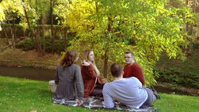 Two young couples picnicking in an autumn park relaxing on a rug on the grass celebrating a special event with champagne