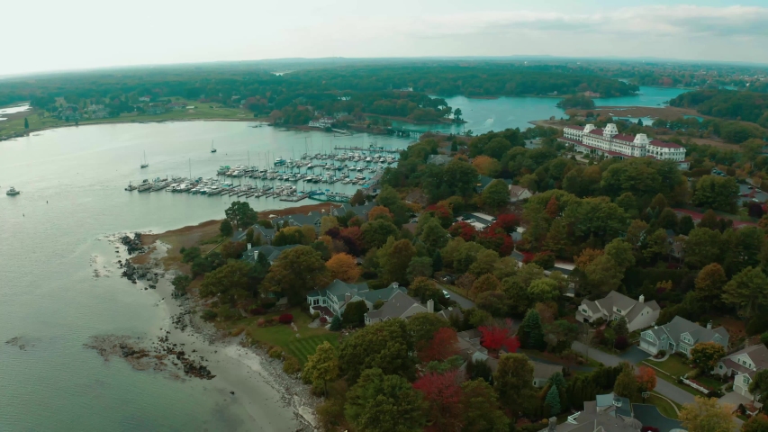 Aerial Shot Over Boat Docks In New Castle New Hampshire