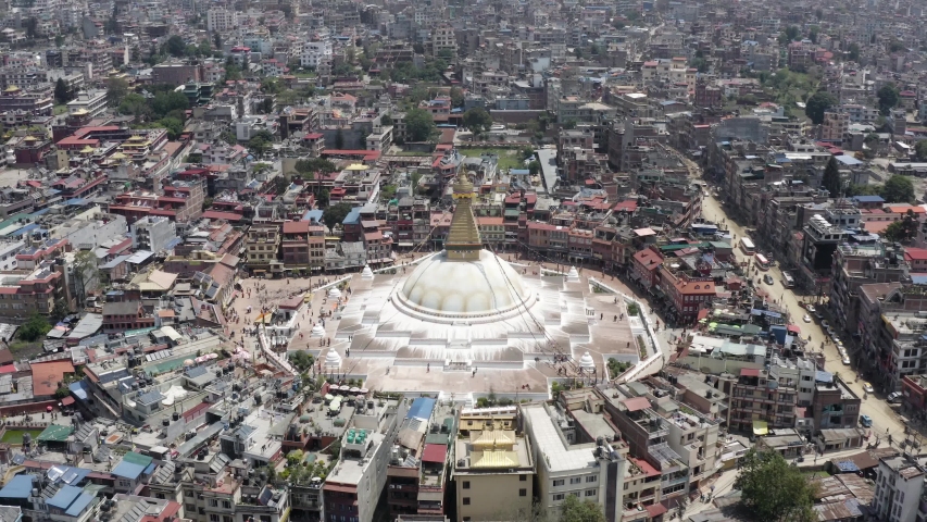 Nepal, Kathmandu. Boudhanath stupa. Aerial footage