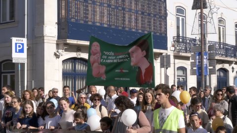 People Protest Against Abortion, Pro Life Movement In Lisbon. LISBON, PORTUGAL - 26 OCTOBER 2019; Anti abortion or pro life movements, are involved in the debate against abortion legality. Portugal