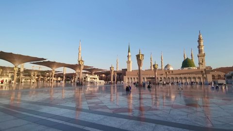 MEDINA, SAUDI ARABIA - September 10, 2018: Clips video of exterior view of  Nabawi Mosque (Prophet Mosque) in Medina. 24 frame rate per seconds clips