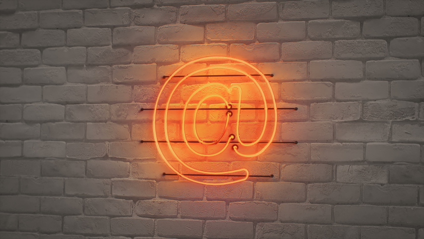 Orange neon light email sign on white brick wall. Seamless loop 3D render animation