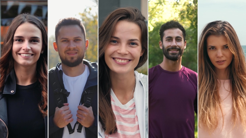 Collage portrait of mix raced young professionals or students, happy young international group, man and woman smiling, happy people Royalty-Free Stock Footage #1040041364