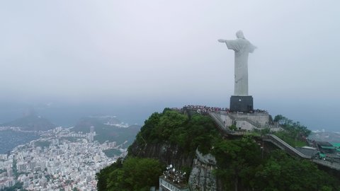 Rio de Janeiro, Rio de Janeiro / Brazil - Circa October 2019: Aerial view of Cristo Redentor, Christ the Redeemer Statue over Rio de Janeiro City, Brazil