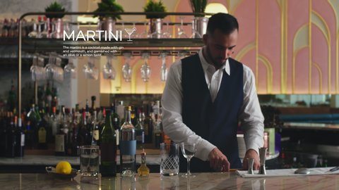 How to make a Martini Part 1 of 7: A barman starts the process of making the perfect martini in a 1920s bar. 4K RED with motion graphics.  