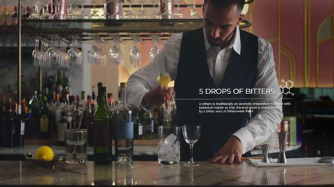 How to make a Martini: Part 4 of 7. A barkeep adds bitters to his cocktail to get the best flavor. 4K RED with motion graphics.  