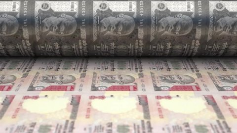 A loop able animation concept image showing a long sheet of indian rupee notes going through a print roller in its final phase of a print run