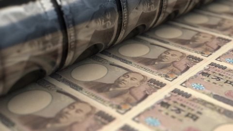 A loop able animation concept image showing a long sheet of Japanese Yen notes going through a print roller in its final phase of a print run