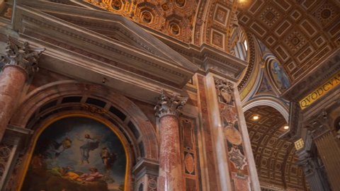 ROME, ITALY - 18 JUN, 2019 - Interior of Saint Peter's Basilica in Vatican in 4k