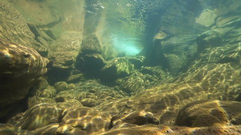 Underwater landscape in a rocky stream with clear water, La Muga river, Spain, Catalonia