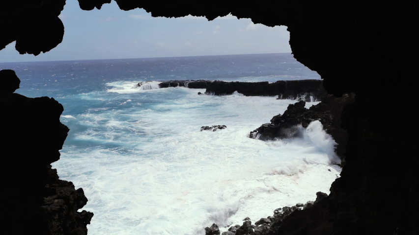 Ocean Waves Seen Through Ana Kakenga Cave, Easter Island Landscape