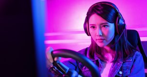 Young Asian Pro Gamer Girl Play Car Racing Online Video Game