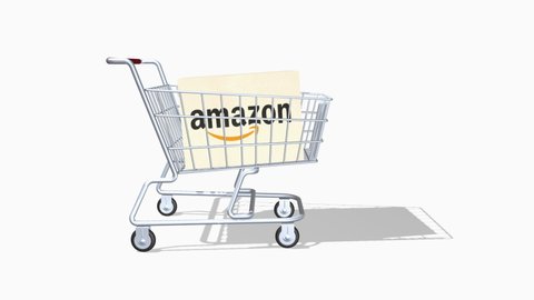 Editorial animation. The idea of the trade symbol of the Amazon Corporation. Shopping cart and cardboard packaging with the logo of the online store Amazon.