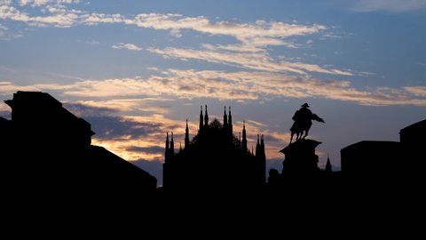 Milan Cathedral Square: Time Lapse at Sunrise with King Victor Emmanuel II Monument in Silhouette, in Fashion and Design Capital of the World, Italy