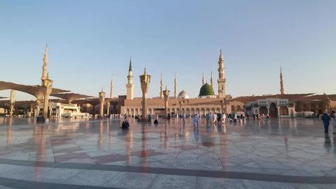 MEDINA, SAUDI ARABIA - September 10, 2018: Clips video of exterior view of  Nabawi Mosque (Prophet Mosque) in Medina. 24 frame rate per seconds clips