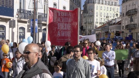 People Marching Pro Life Movement In Lisbon, Portugal. LISBON, PORTUGAL - 26 OCTOBER 2019; Anti abortion or pro life movements, are involved in the debate against abortion legality. Portugal