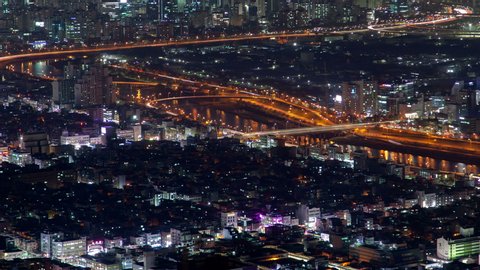 Timelapse Seoul roads and buildings surround pictorial river, South Korea