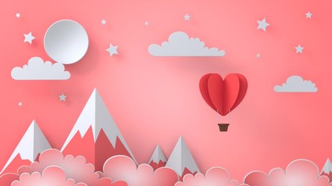 The Postcard Animation Of Pink Color Origami. Hot Air Balloon Flies Through The Sky Among Stars And The Moon Above Clouds And Mountains. Seamless Loop