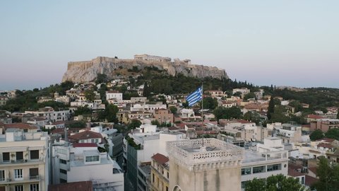 4K Greece Flag Athens Aerial Drone Aerial 4K Pass By Acropolis Parthenon