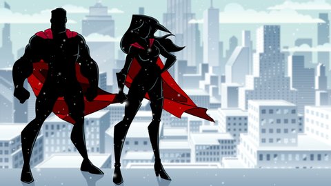 Seamless looping animation with silhouette of superhero couple, standing tall on rooftop above city during winter snowing.