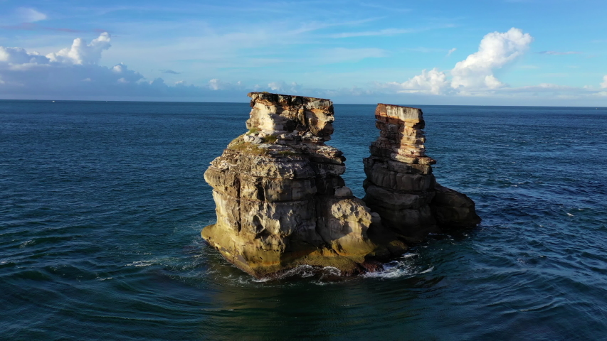 Landscape of Twin candlesticks shaped rocks in notherneast coast of Taiwan, 4K aerial view footage.