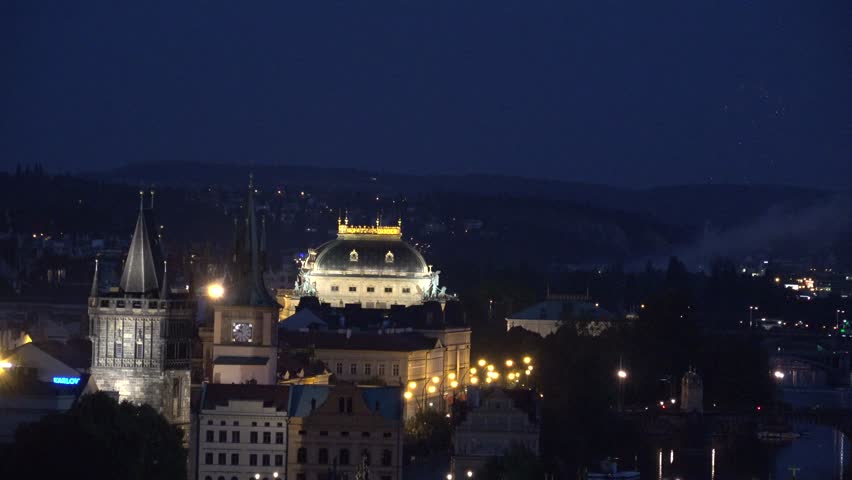 ULTRA HD 4K Aerial view of beautiful fireworks over Prague city, cityscape and fun event celebration by night