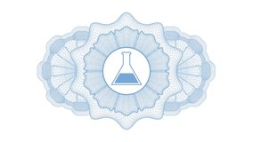 test tube icon inside Light blue rotary rosette, passport style, money pattern, quality loop animation, guilloche