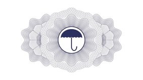umbrella icon inside Blue rotary rosette, passport desgin, money draw, top loop animation, guilloche