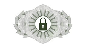 closed lock icon inside Green rotary rosette, passport trend, money stylized, premium loop animation, guilloche