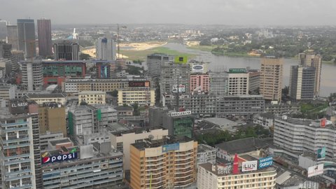 Abidjan, Ivory Coast - 2019: drone aerial view of the city and Général de Gaulle bridge