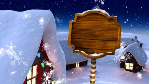 Animation of wooden sign board, snowflakes and stars falling with houses and countryside in the background