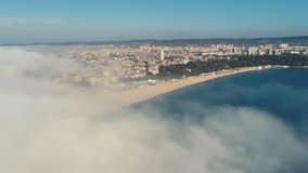 Aerial view of sea sunrise and Varna, Bulgaria cityscape