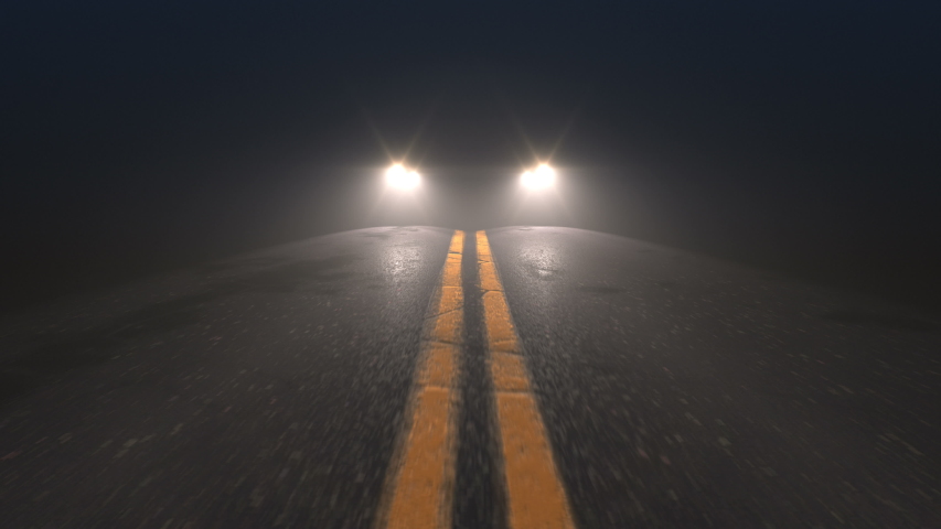 Car headlights following tracking camera on a night country road, seamless loop. Car driving down the road at slow speed with headlights on. Royalty-Free Stock Footage #1040126579