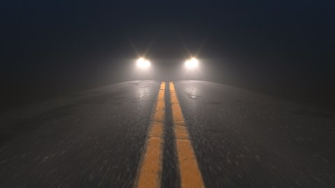 Car headlights following tracking camera on a night country road, seamless loop. Car driving down the road at slow speed with headlights on.