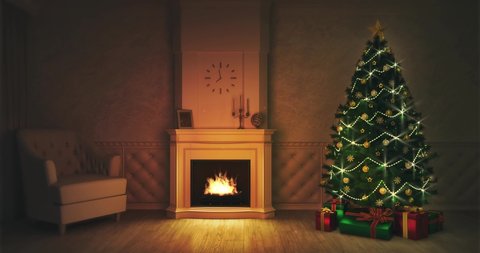 Burning Fireplace Lit Christmas Tree Dark Stock Footage Video (100%