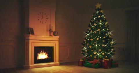 
Burning fireplace with lit Christmas tree in night interior scene, winter seasonal background 4K loop animation