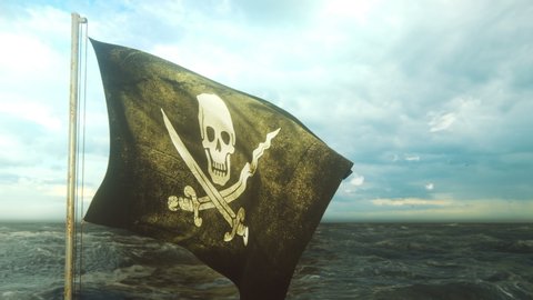 Pirate flag with Jolly Roger. Pirate flag in the wind with cloudy sky on the background of the sea before the storm. Looped Animation.