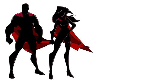 Seamless looping animation with silhouette of superhero couple, standing tall on white background.