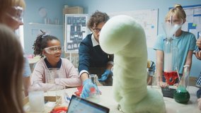 Elementary School Science / Chemistry Classroom: Enthusiastic Teacher Shows Funny Chemical Reaction Experiment to Diverse Group of Children. Mixing Chemicals in Beaker to get Elephant Toothpaste - Powered by Shutterstock - Get 15% off with code: PIKWIZARD15