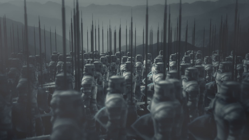Large Medieval Knight Army Standing Under Rain